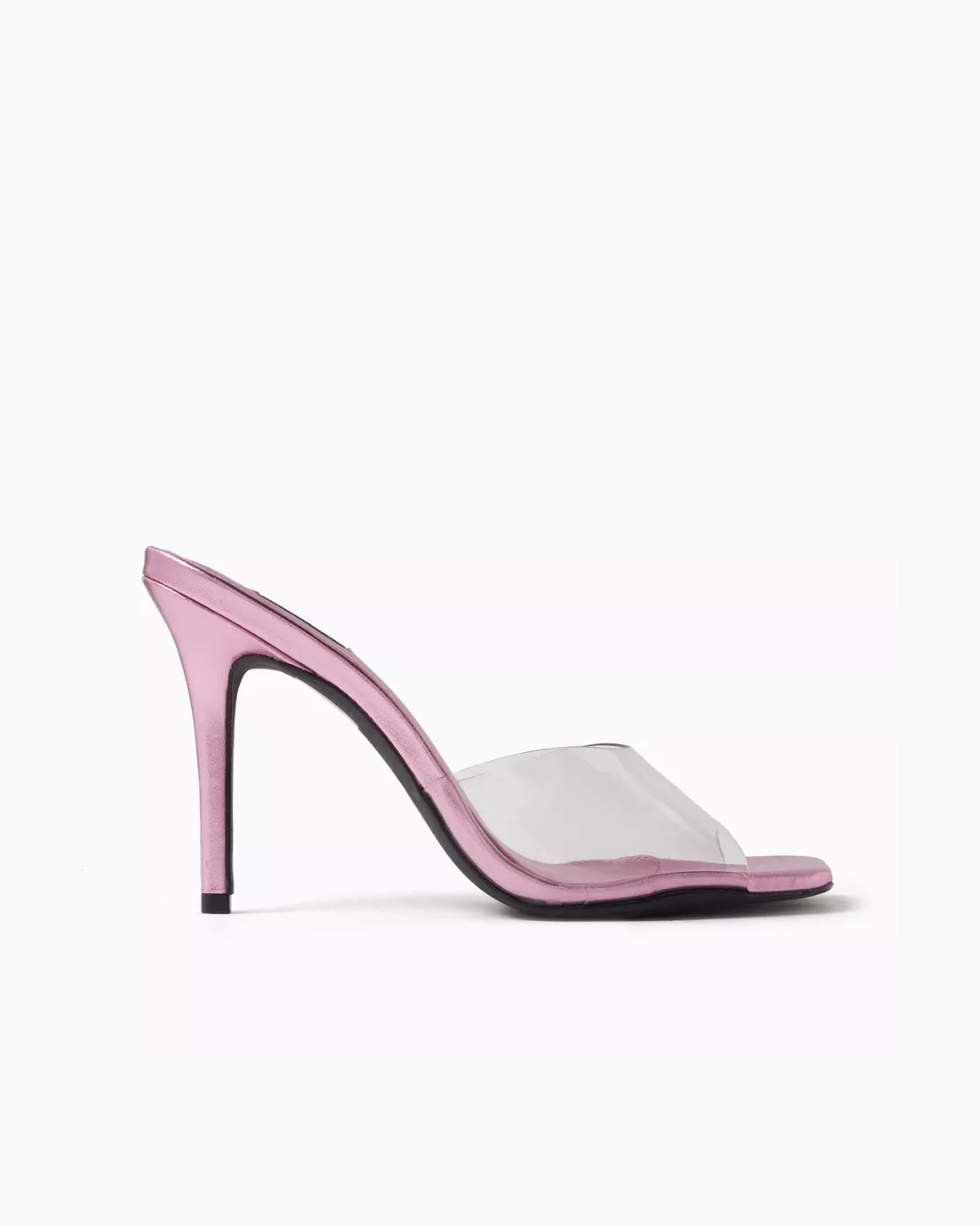 Pink metallic leather mule sandal with clear PVC upper and high heel — Nass | Endless UAE