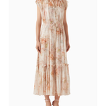 Floral print flutter midi dress in soft peach tones with ruched neckline and tiered skirt — Zimmermann | Endless UAE