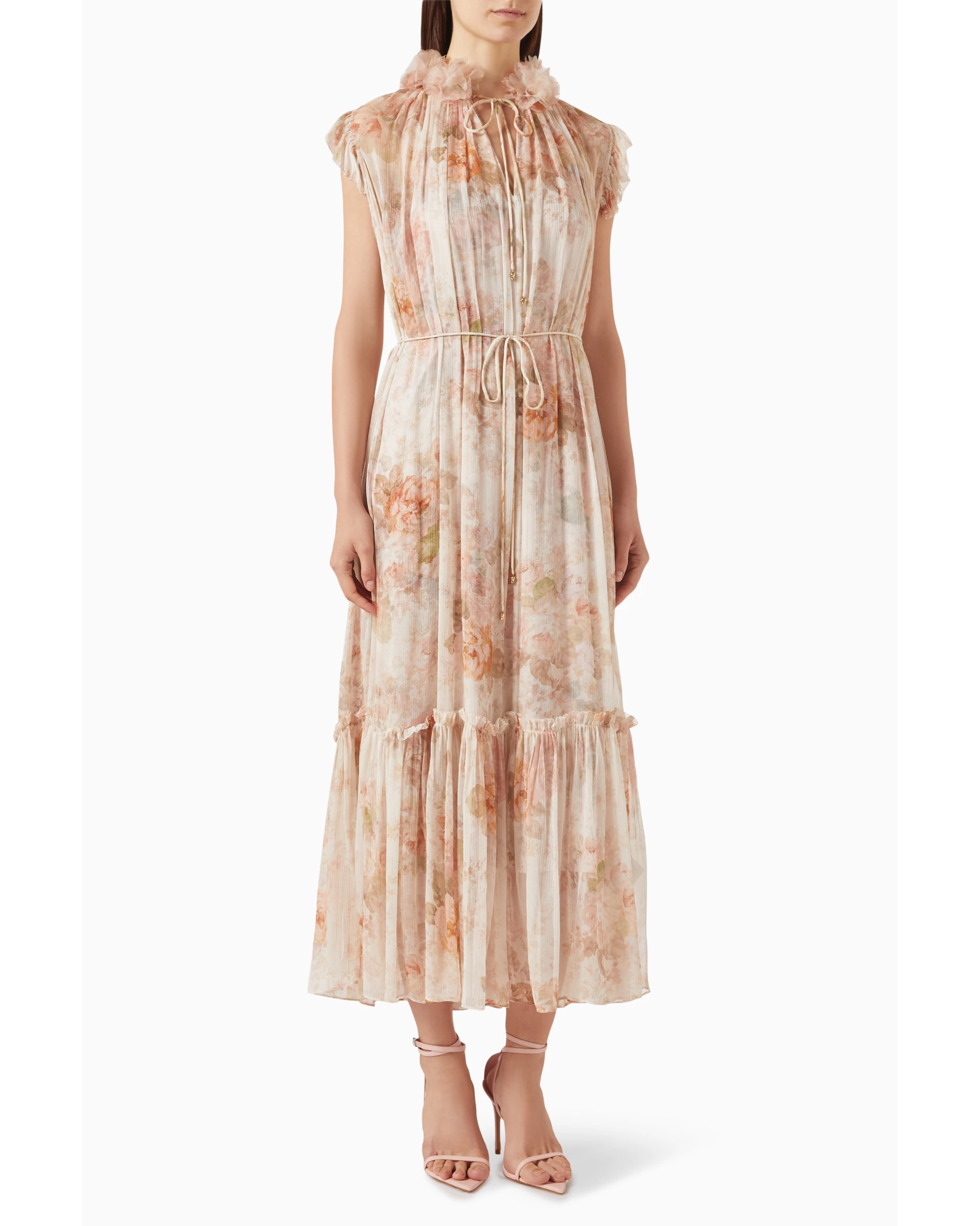 Floral print flutter midi dress in soft peach tones with ruched neckline and tiered skirt — Zimmermann | Endless UAE