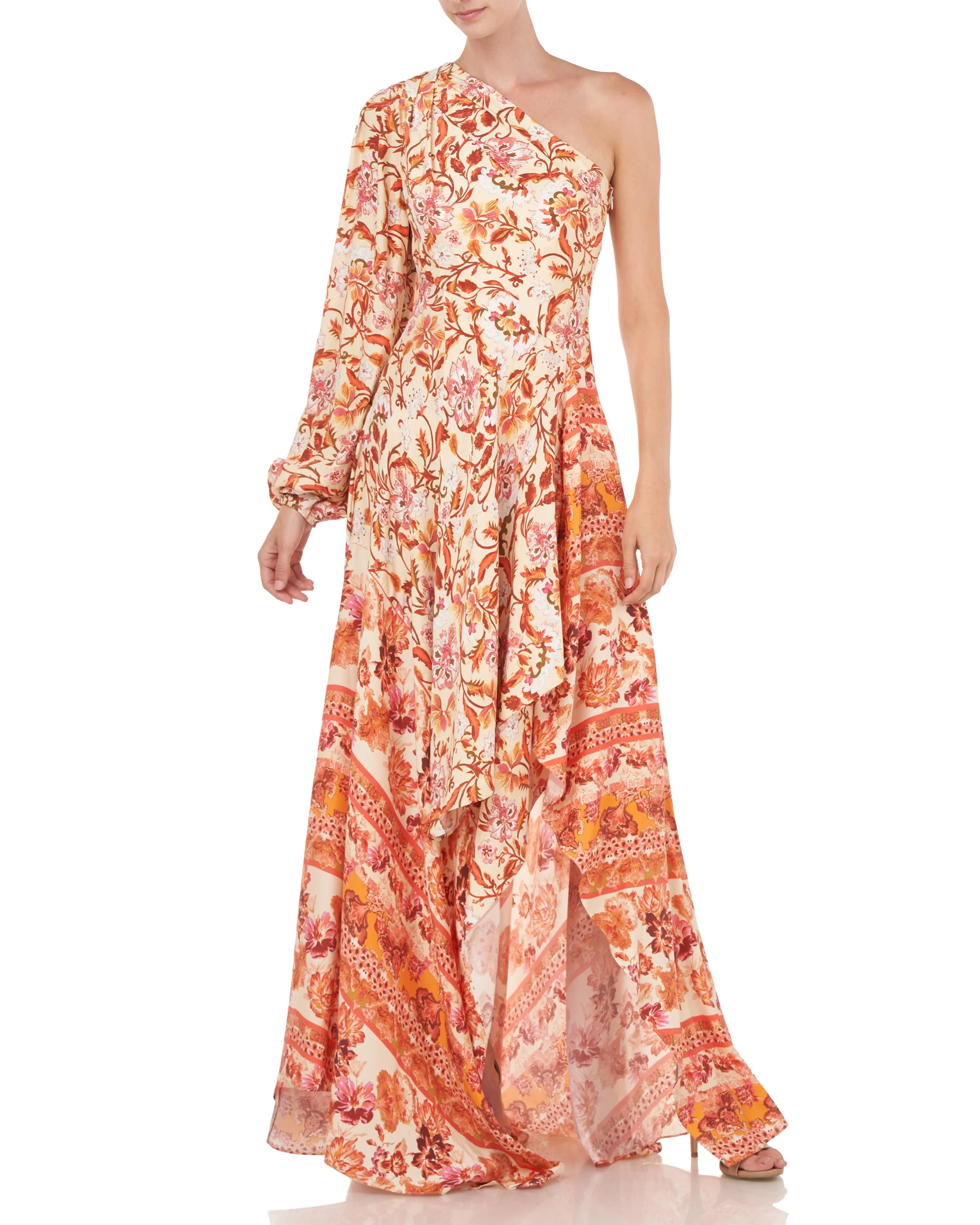 Piper Dress in coral floral print with one-shoulder neckline and flowing maxi silhouette — Amur | Endless UAE