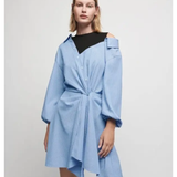 Blue striped shirt dress with cold-shoulder detail and black panel overlay — Maje | Endless UAE