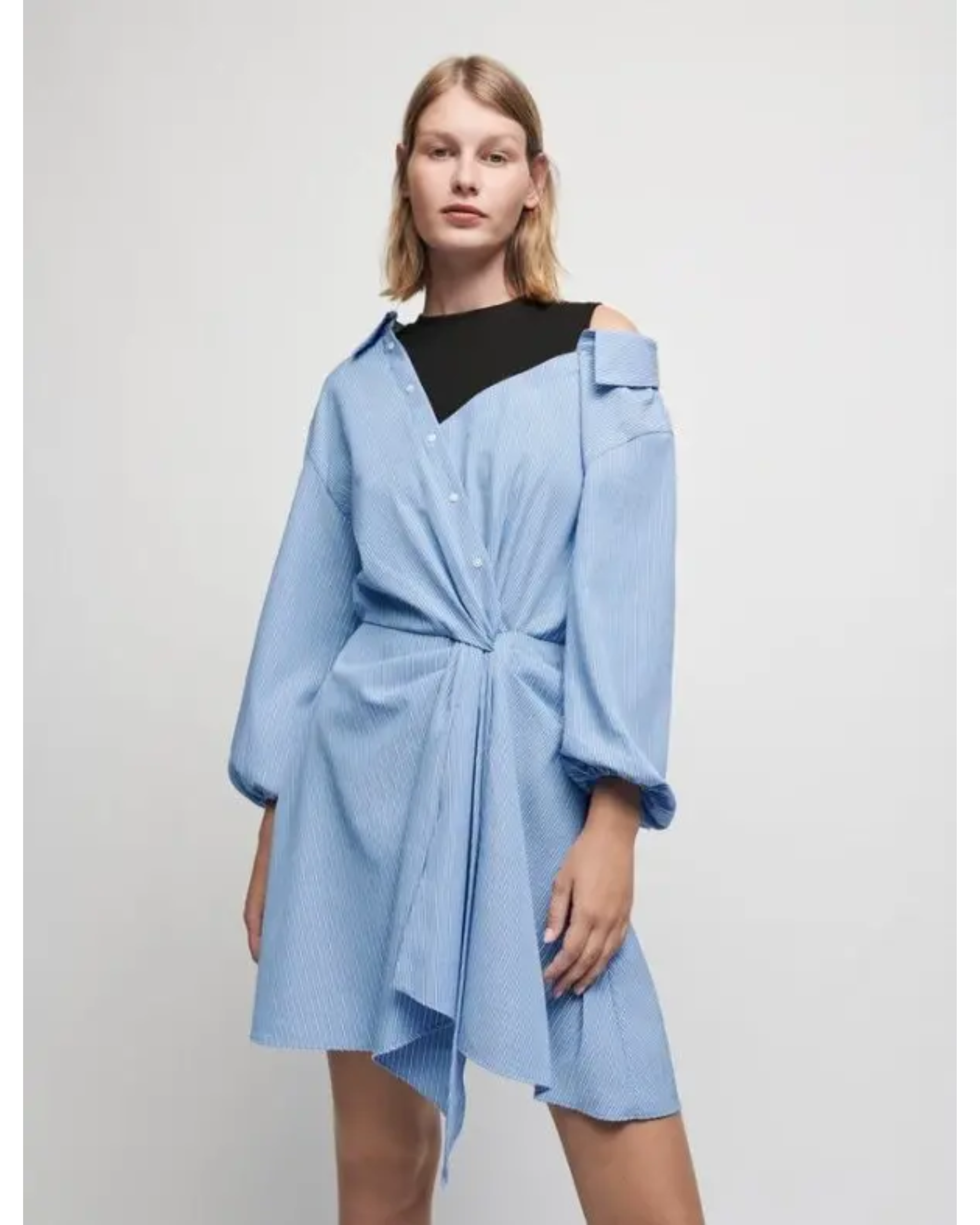 Blue striped shirt dress with cold-shoulder detail and black panel overlay — Maje | Endless UAE