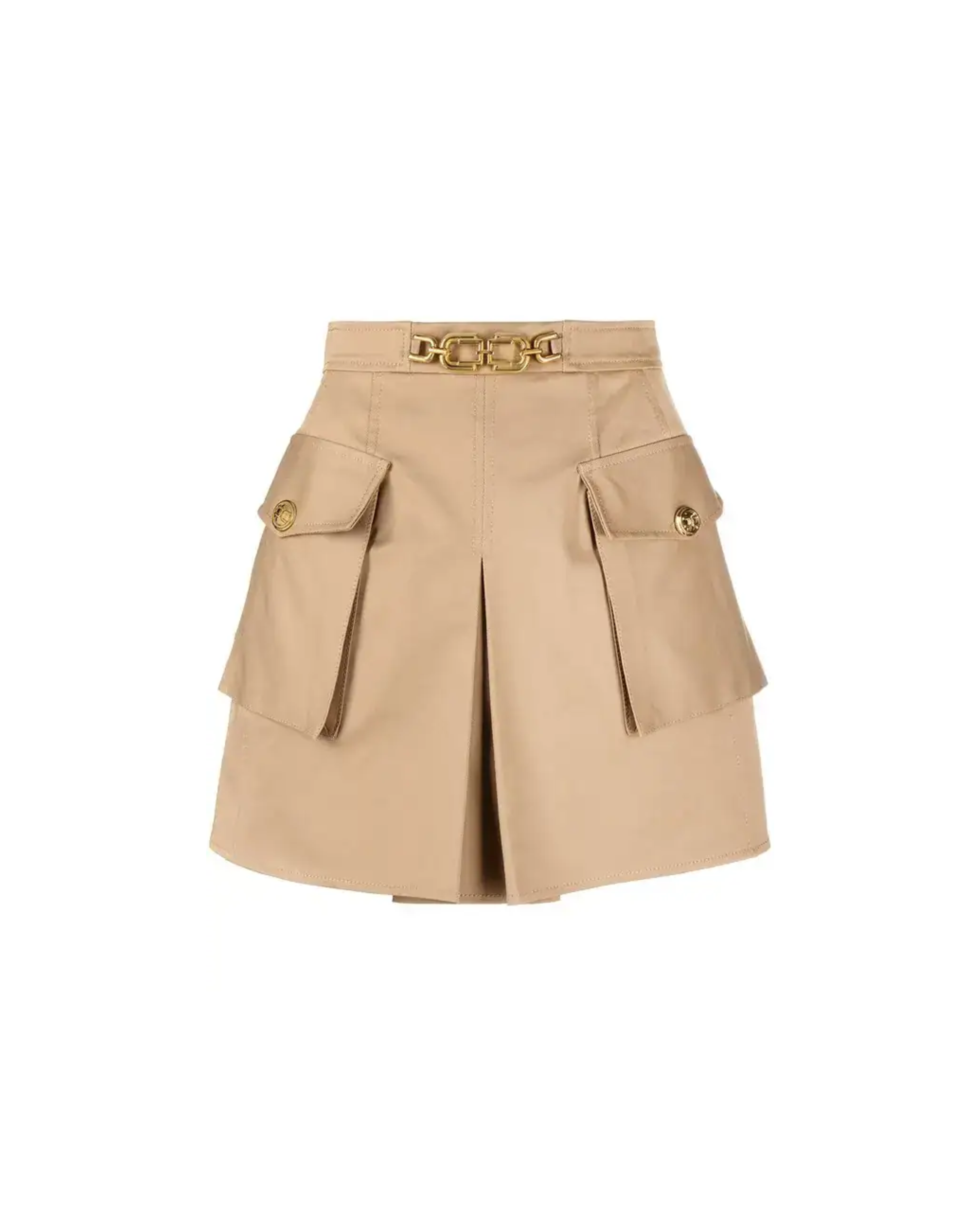 Logo-plaque straight short skirt in beige with cargo pockets and gold-tone chain belt detail — Elisabetta Franchi | Endless UAE