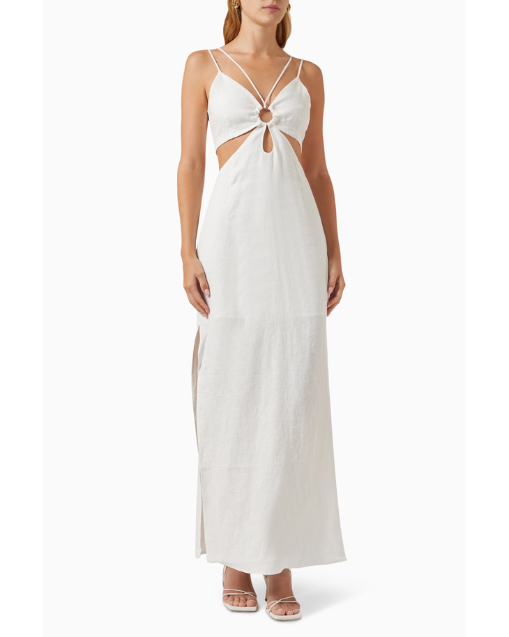 White linen maxi dress with cutout bodice detail, ring hardware, triple straps, and side slit — Misha | Endless UAE