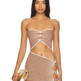 Brown and white striped strapless co-ord set with cutout details and gold button accents — Retrofete | Endless UAE