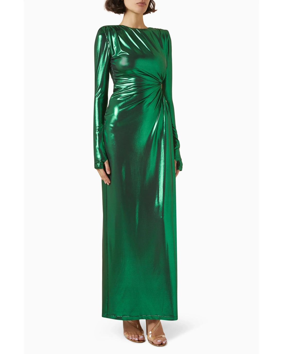 Woman wearing emerald green wet-look long-sleeve maxi dress with ruched waist detail — Daname | Endless UAE