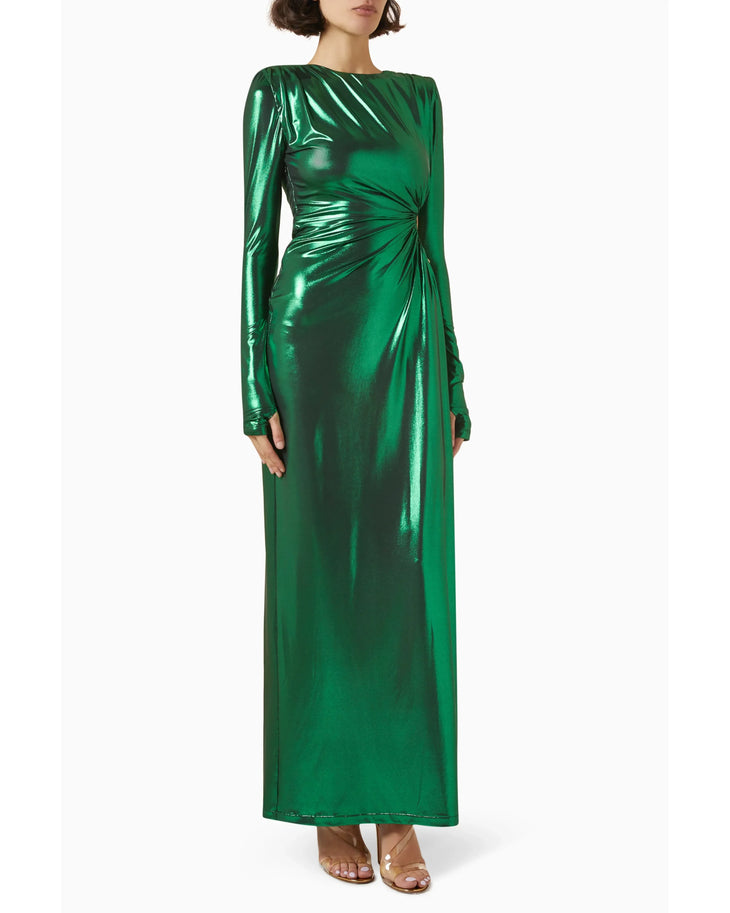 Woman wearing emerald green wet-look long-sleeve maxi dress with ruched waist detail — Daname | Endless UAE