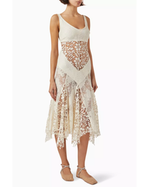 Cream lace panelled midi dress with asymmetrical handkerchief hem — Siedress | Endless UAE