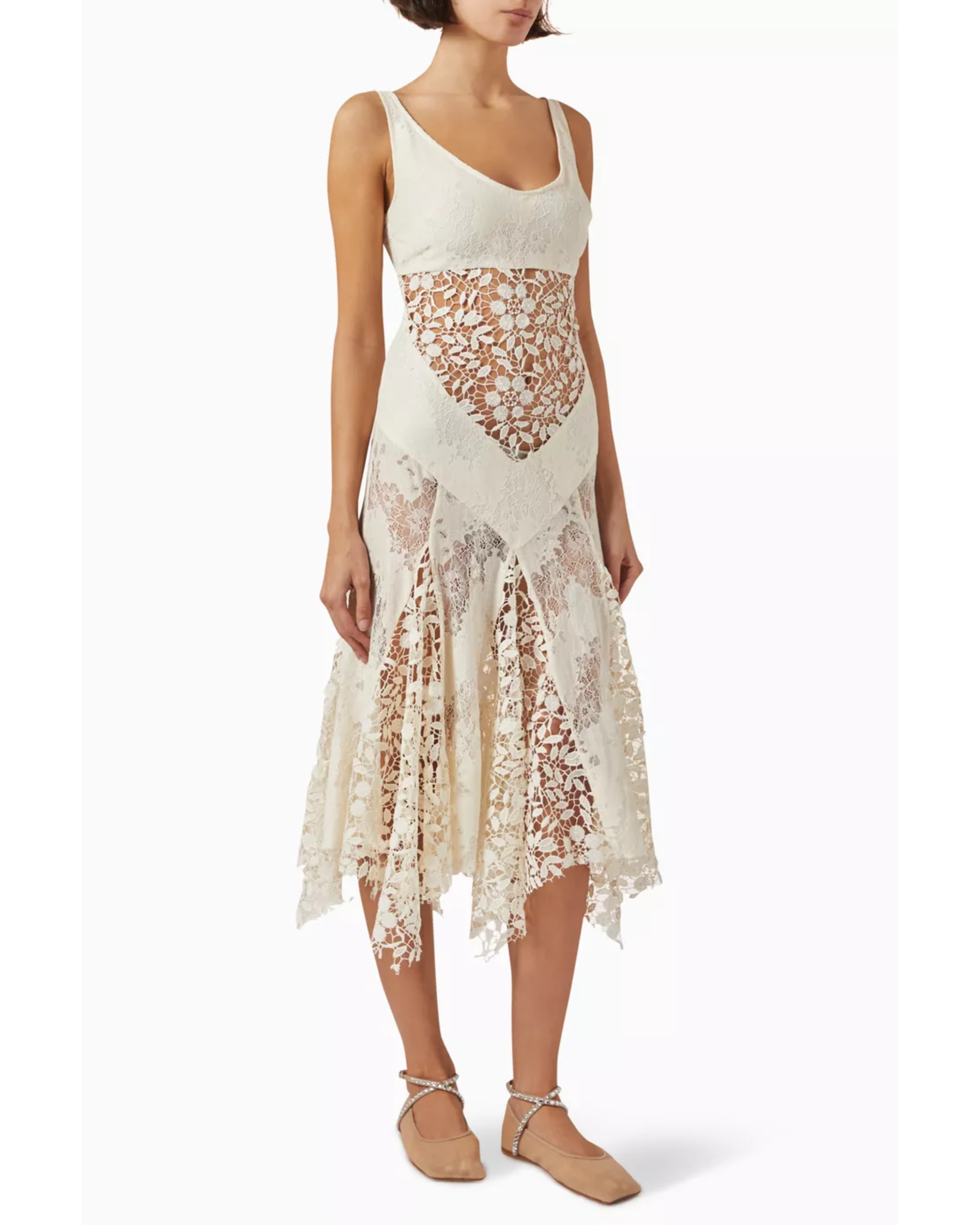 Cream lace panelled midi dress with asymmetrical handkerchief hem — Siedress | Endless UAE