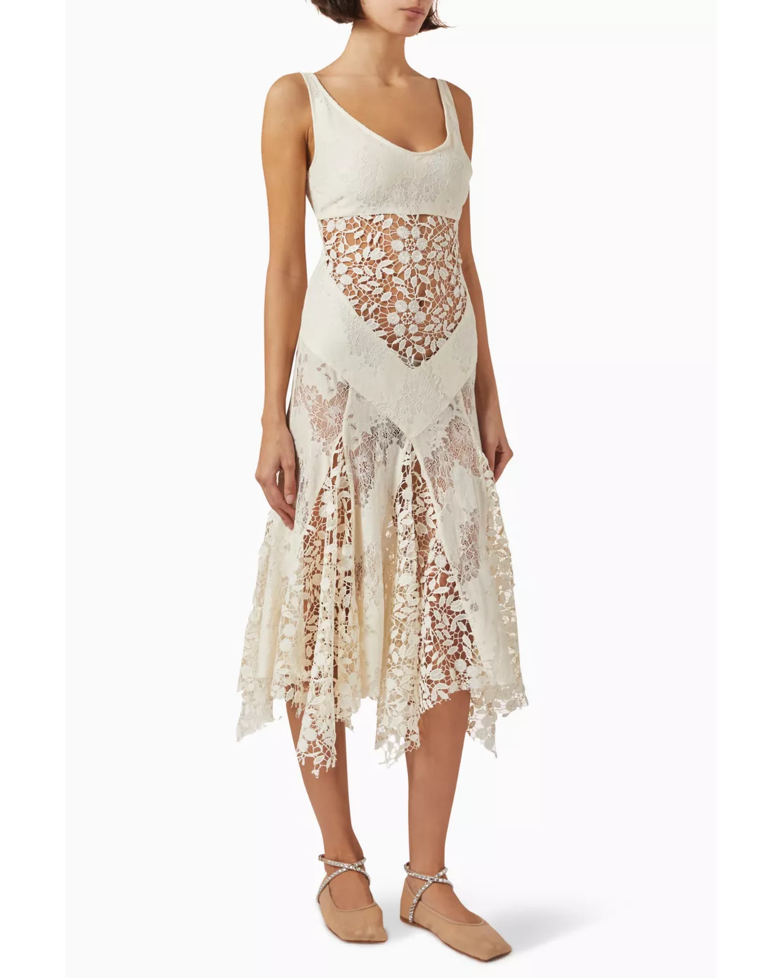Cream lace panelled midi dress with asymmetrical handkerchief hem — Siedress | Endless UAE