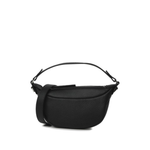 Black leather mini shoulder bag with textured finish held open to show interior — By Far | Endless UAE