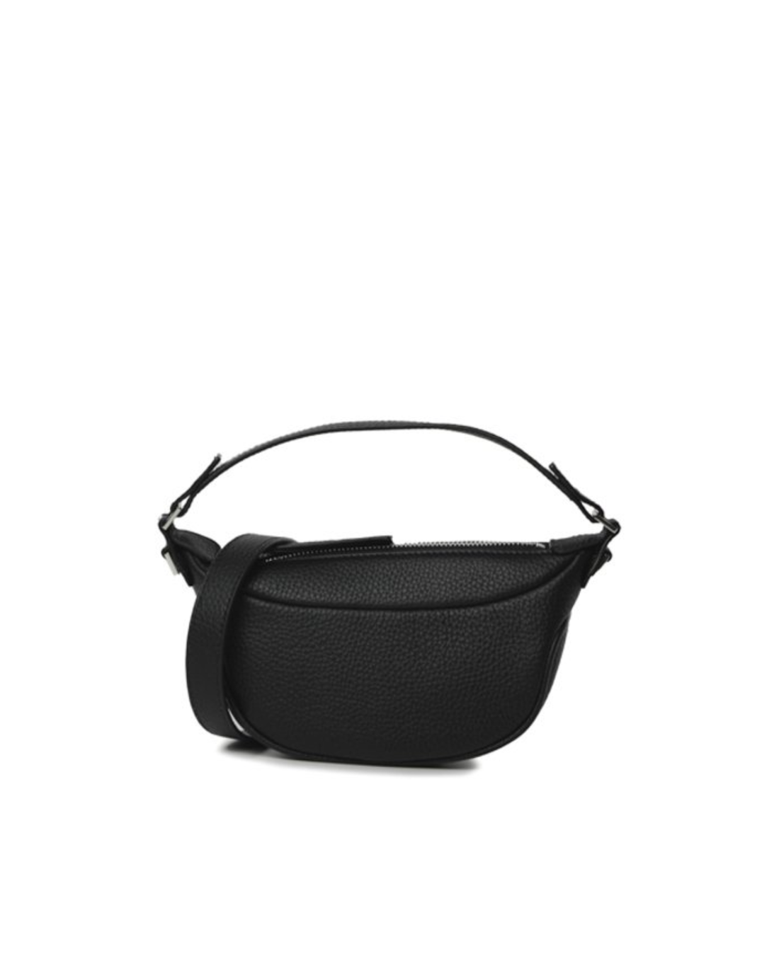 Black leather mini shoulder bag with textured finish held open to show interior — By Far | Endless UAE