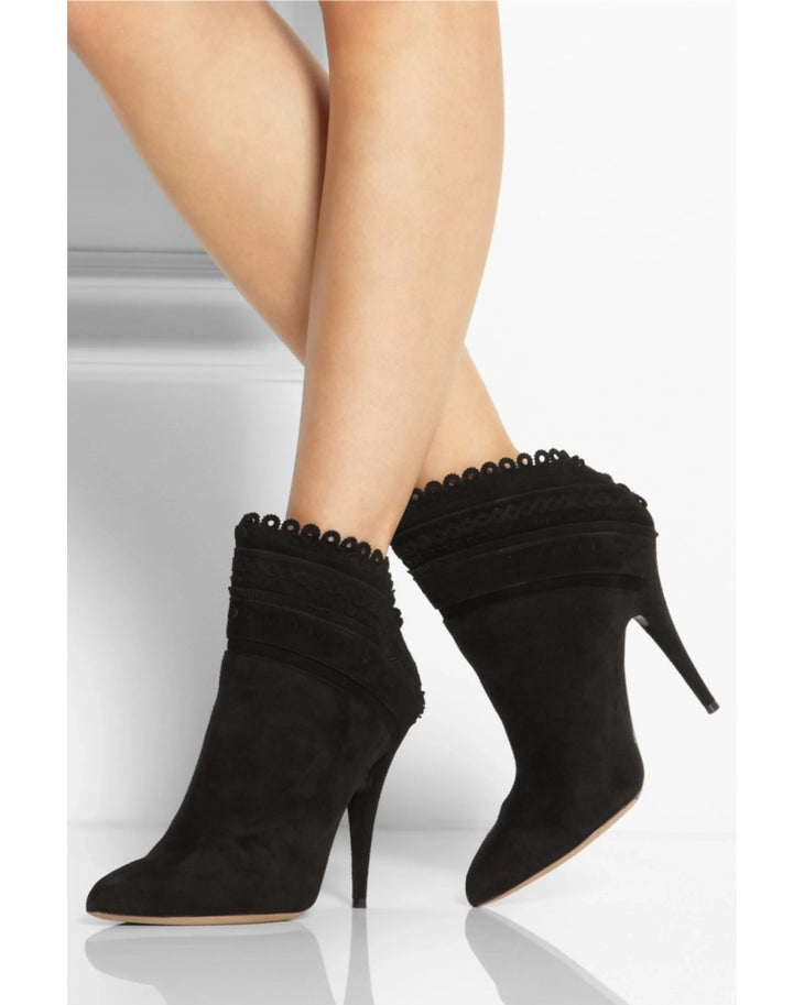 Black suede ankle boots with scalloped lace trim and stiletto heel — Tabitha Simmons | Endless UAE