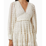 Cream lace long sleeve wrap dress with tiered skirt — Hemant & Nandita | Endless UAE