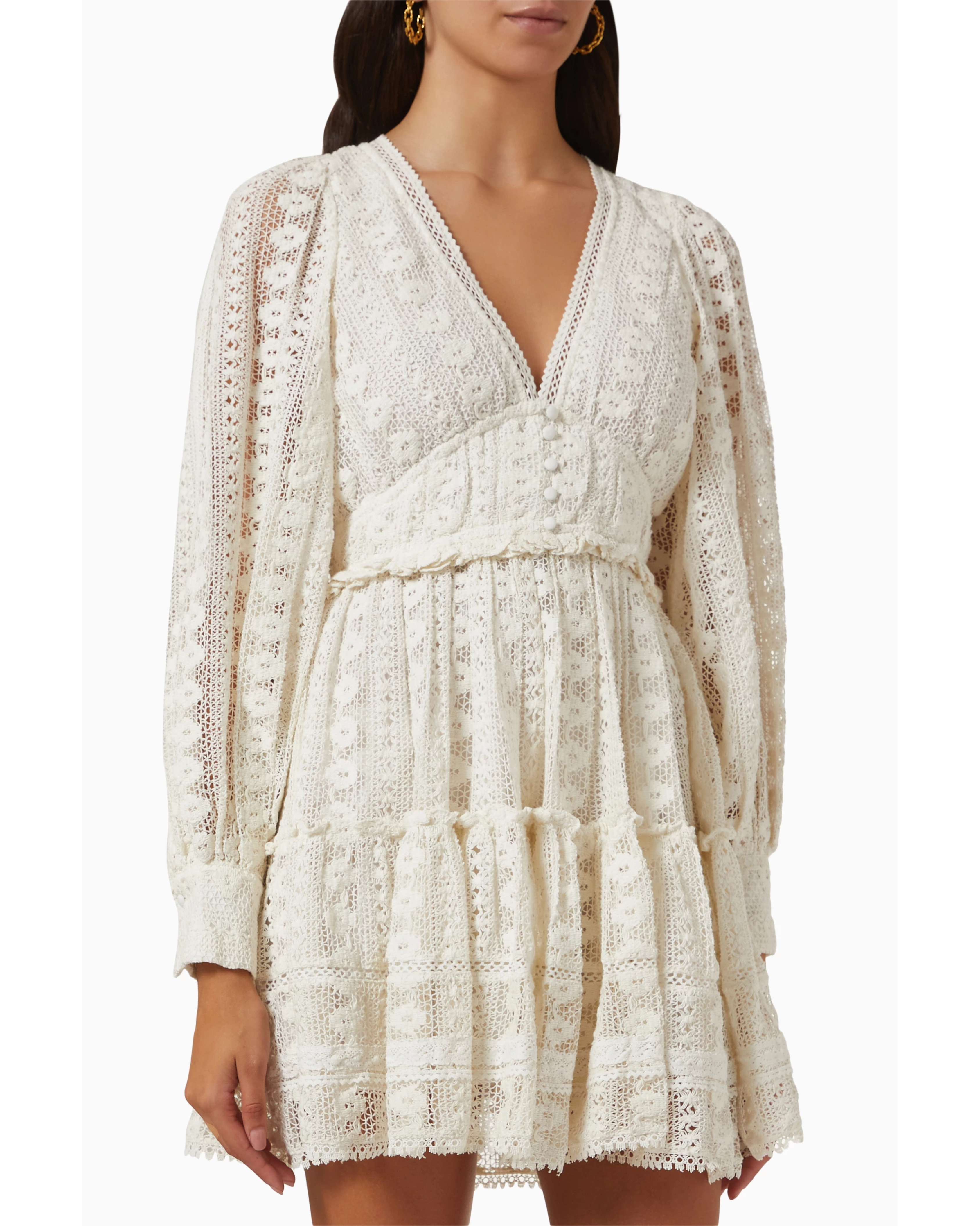 Cream lace long sleeve wrap dress with tiered skirt — Hemant & Nandita | Endless UAE
