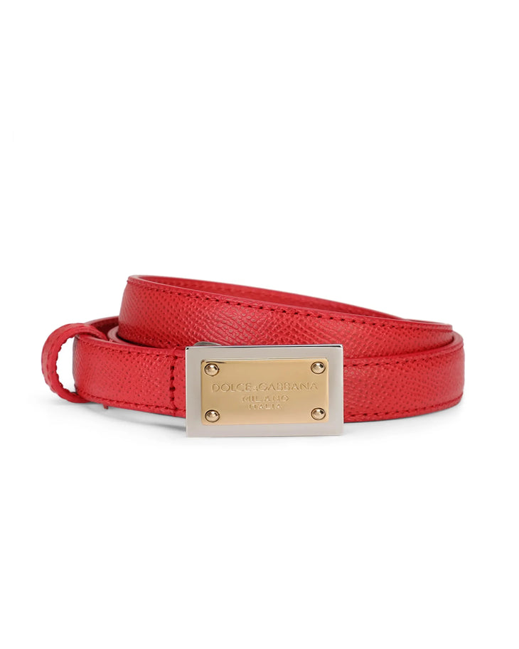 Red leather belt with gold and silver logo buckle — Dolce & Gabbana | Endless UAE