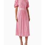 Pink puffed-sleeve sequin midi dress with gathered waist — Rotate Birger Christensen | Endless UAE