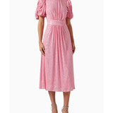 Pink puffed-sleeve sequin midi dress with gathered waist — Rotate Birger Christensen | Endless UAE