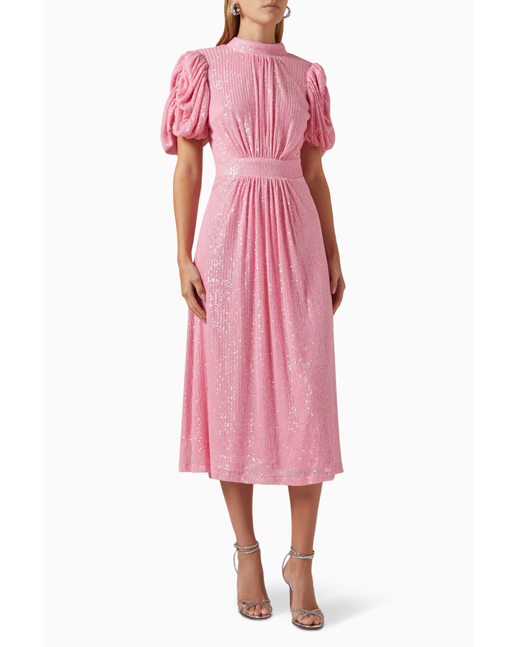 Pink puffed-sleeve sequin midi dress with gathered waist — Rotate Birger Christensen | Endless UAE