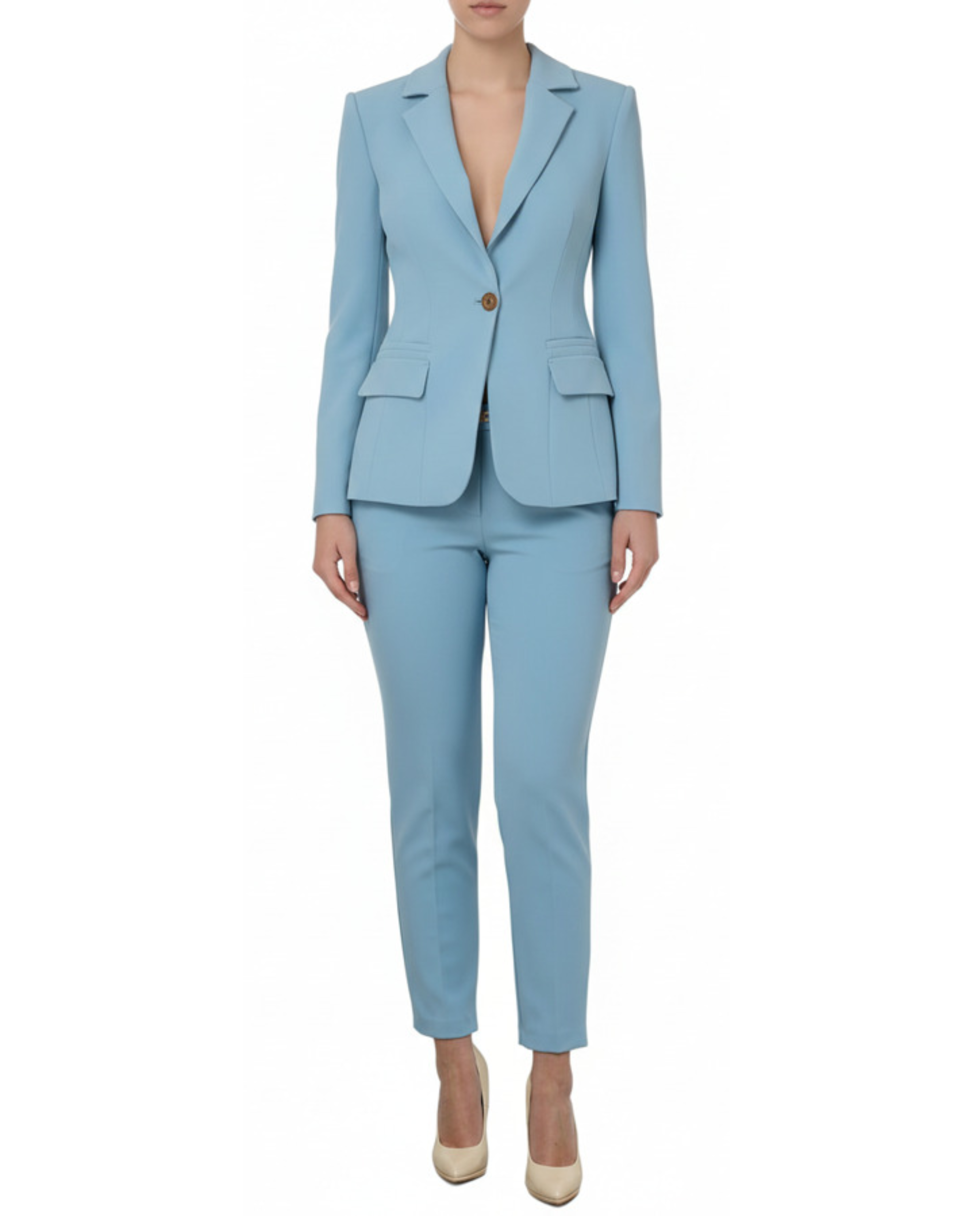Light blue single-button blazer and trouser suit set in double-stretch crepe — Elisabetta Franchi | Endless UAE