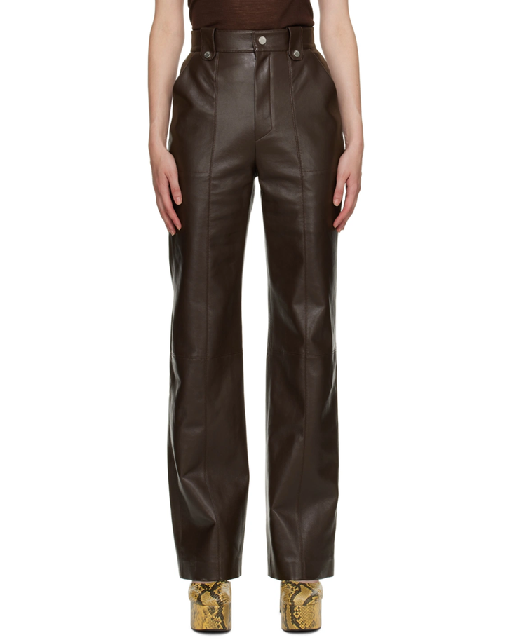 Brown regenerated leather high-waisted pants with straight leg silhouette and button closure — Nanushka | Endless UAE