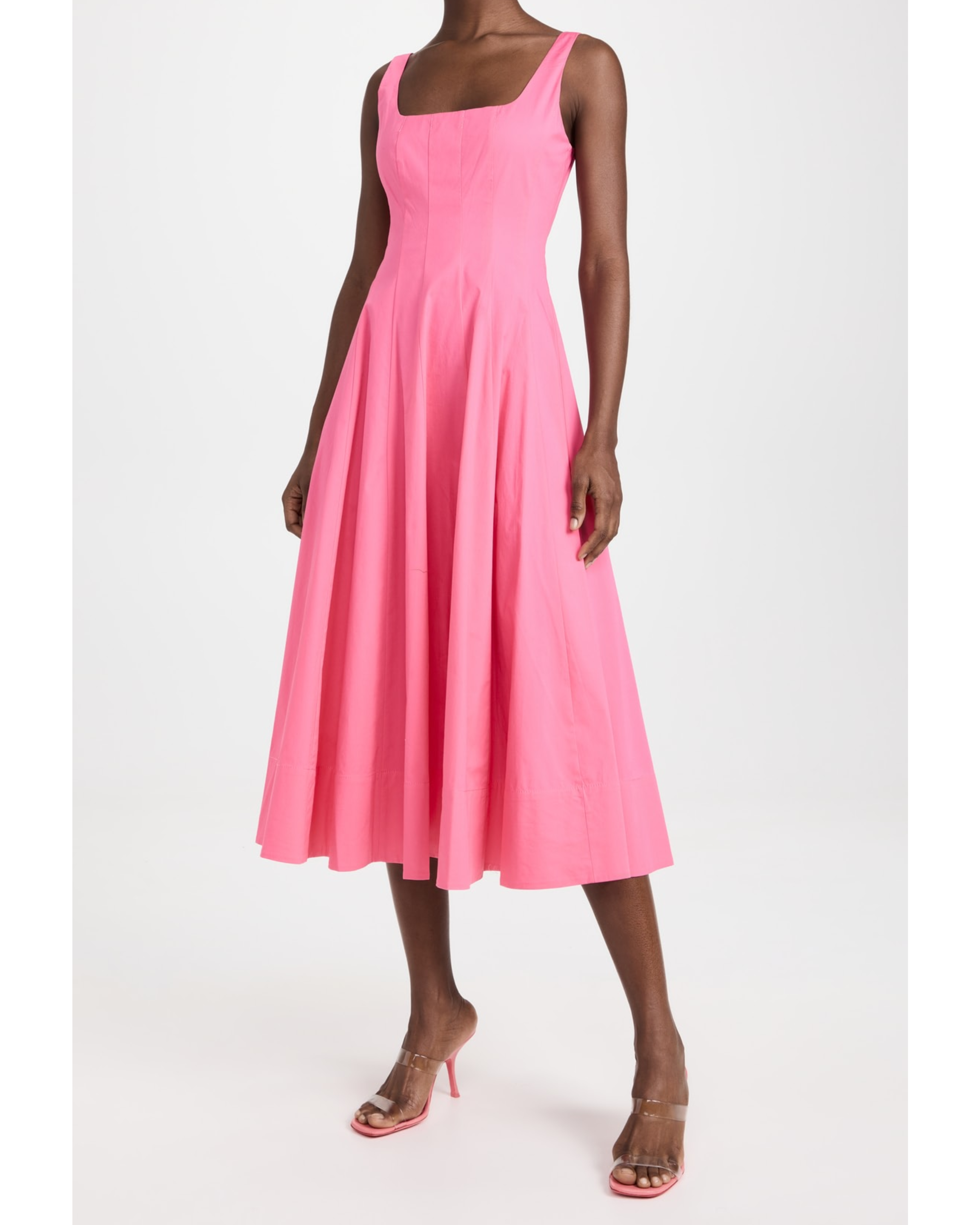 Pink sleeveless midi dress with square neckline and full skirt — Staud | Endless UAE