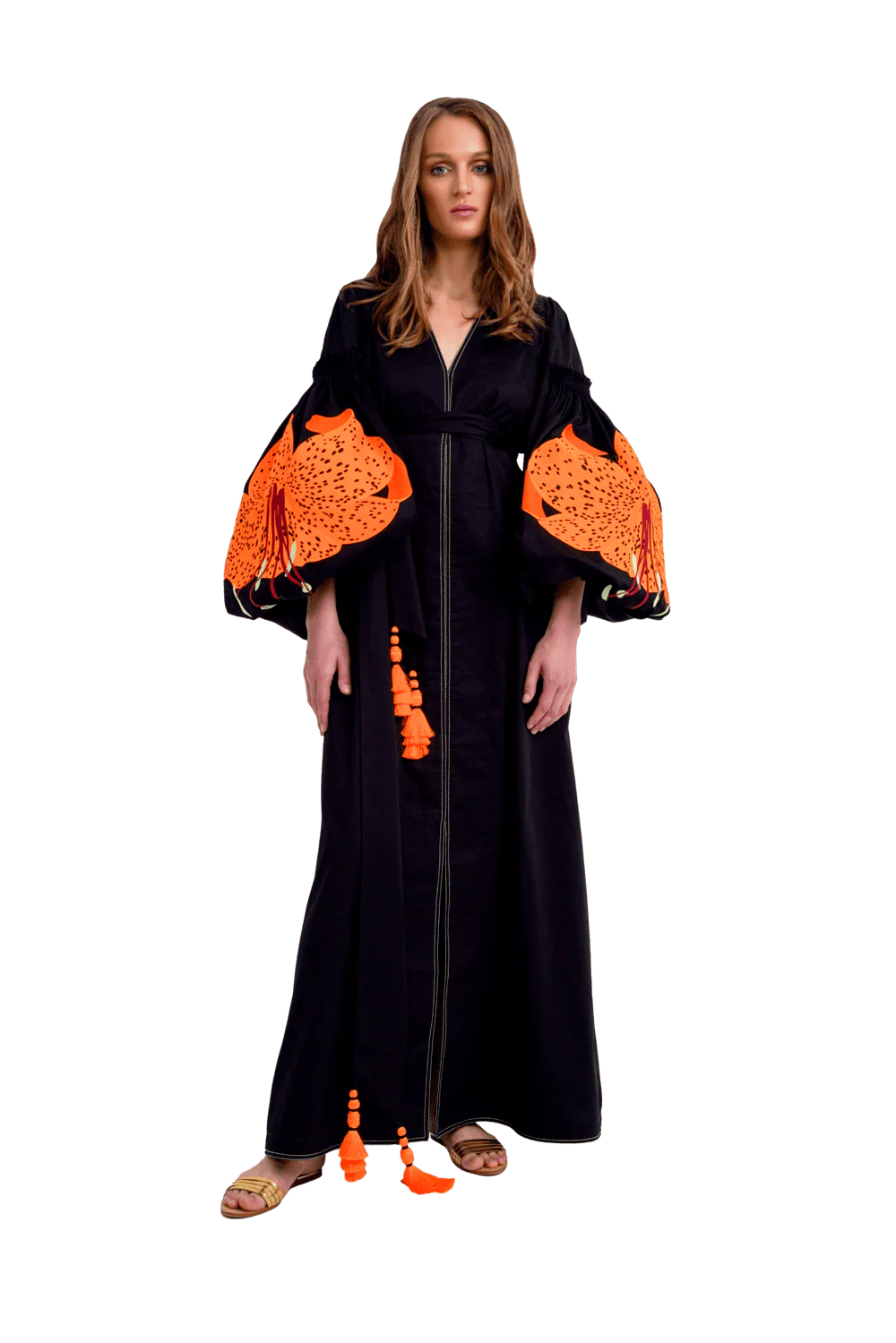 Black cotton caftan maxi dress with vibrant orange embroidered lily sleeves and tassel details — Yuliya Magdych | Endless UAE