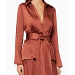 Rust-colored satin wrap blouse with collar, long sleeves, and tie waist belt — Significant Other | Endless UAE