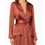 Rust-colored satin wrap blouse with collar, long sleeves, and tie waist belt — Significant Other | Endless UAE