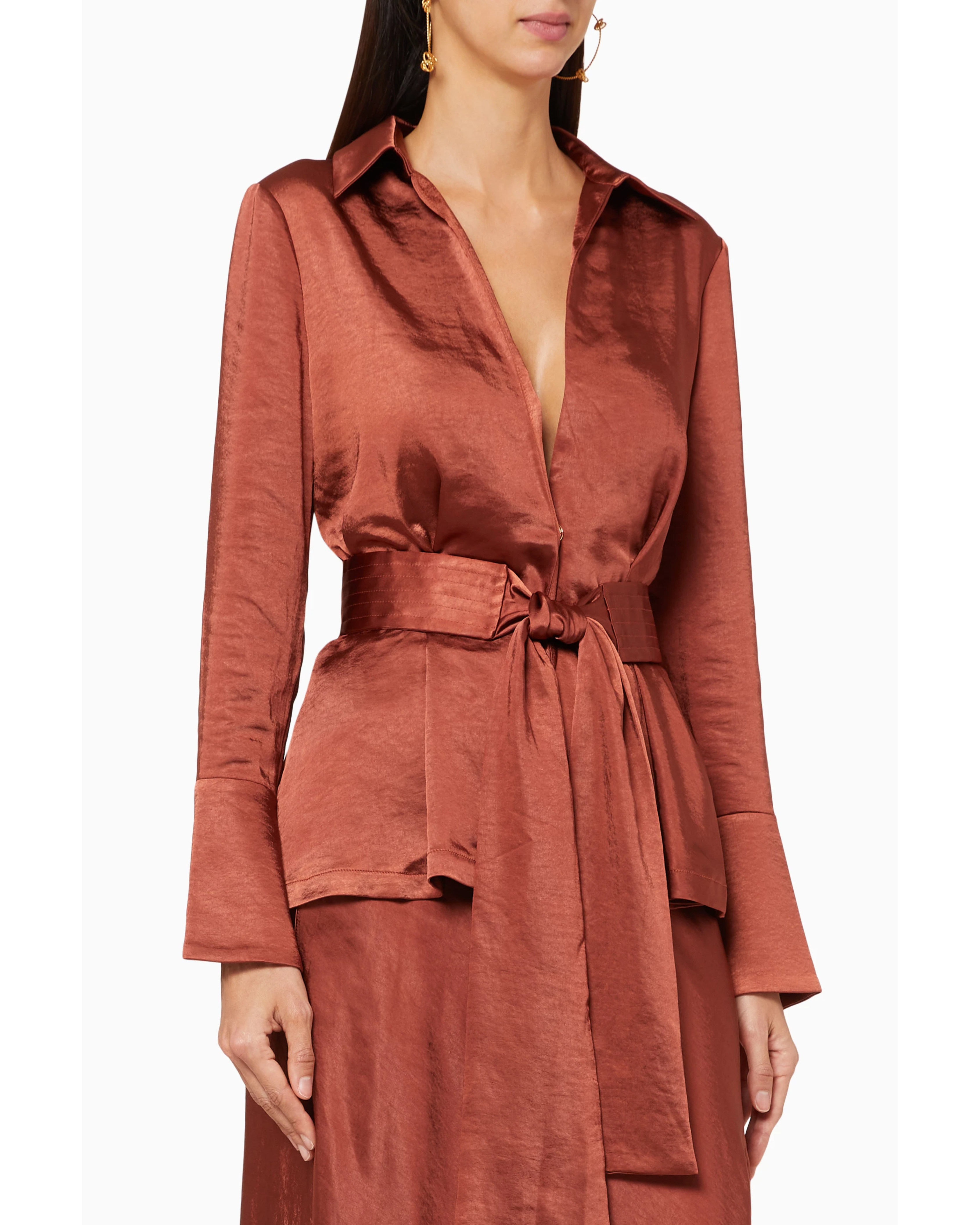 Rust-colored satin wrap blouse with collar, long sleeves, and tie waist belt — Significant Other | Endless UAE