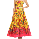 Yellow floral printed strapless linen midi dress with pink ombre hem and beaded belt — Zimmermann | Endless UAE