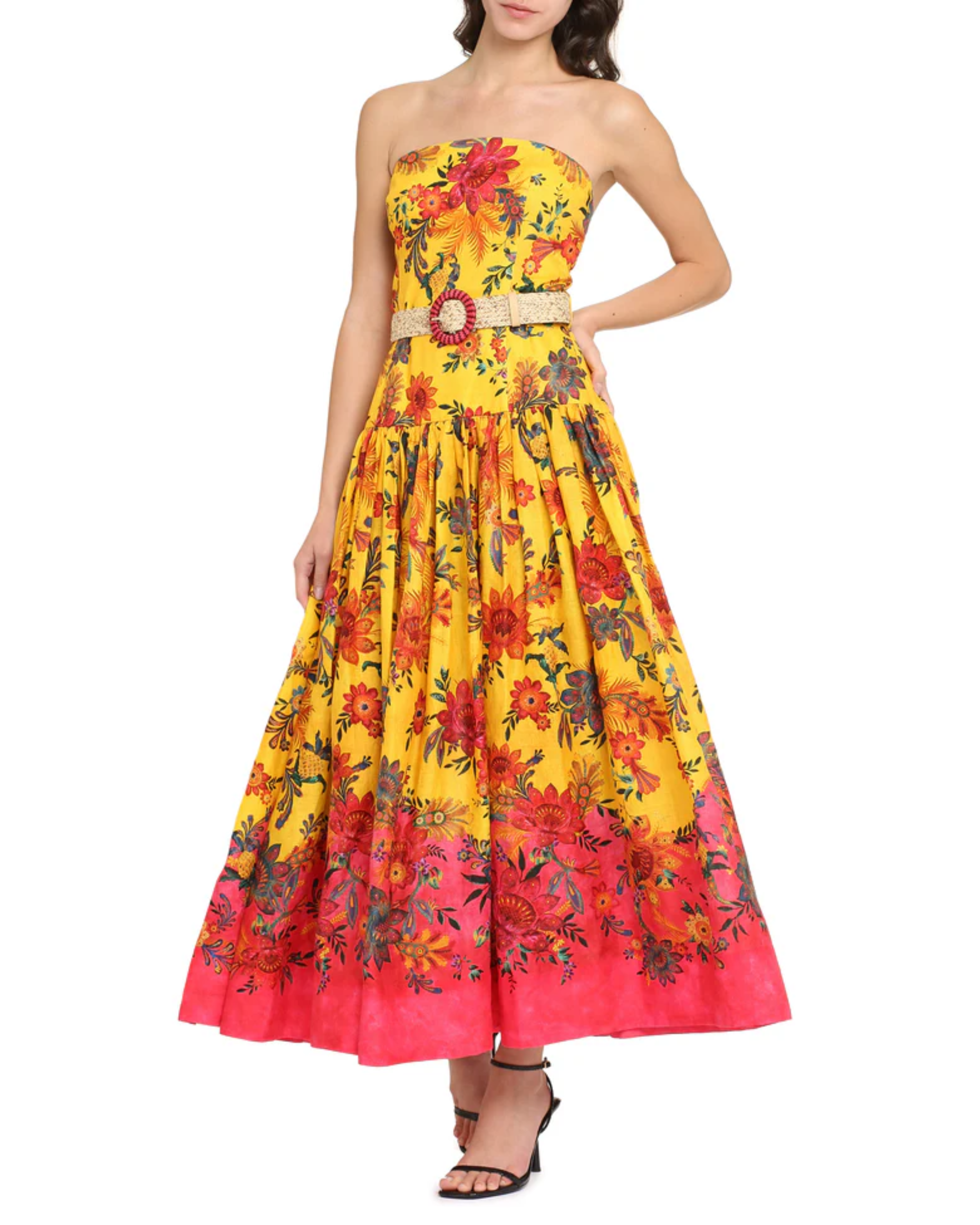 Yellow floral printed strapless linen midi dress with pink ombre hem and beaded belt — Zimmermann | Endless UAE
