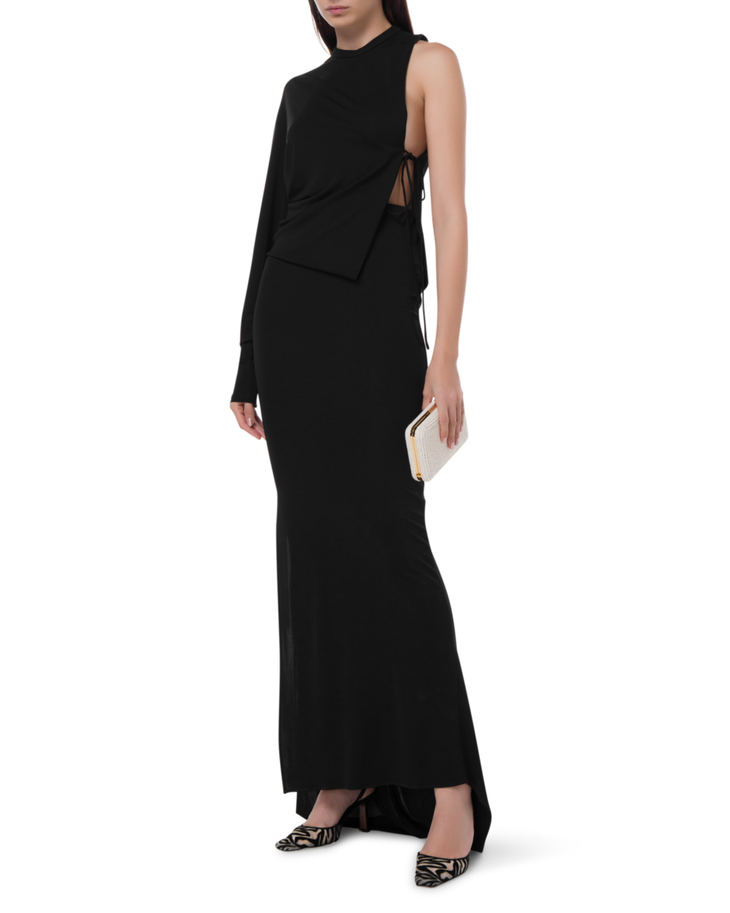 Black asymmetric gown with single sleeve, mock neck, and side cutout detail with tie closure — Christopher Esber | Endless UAE