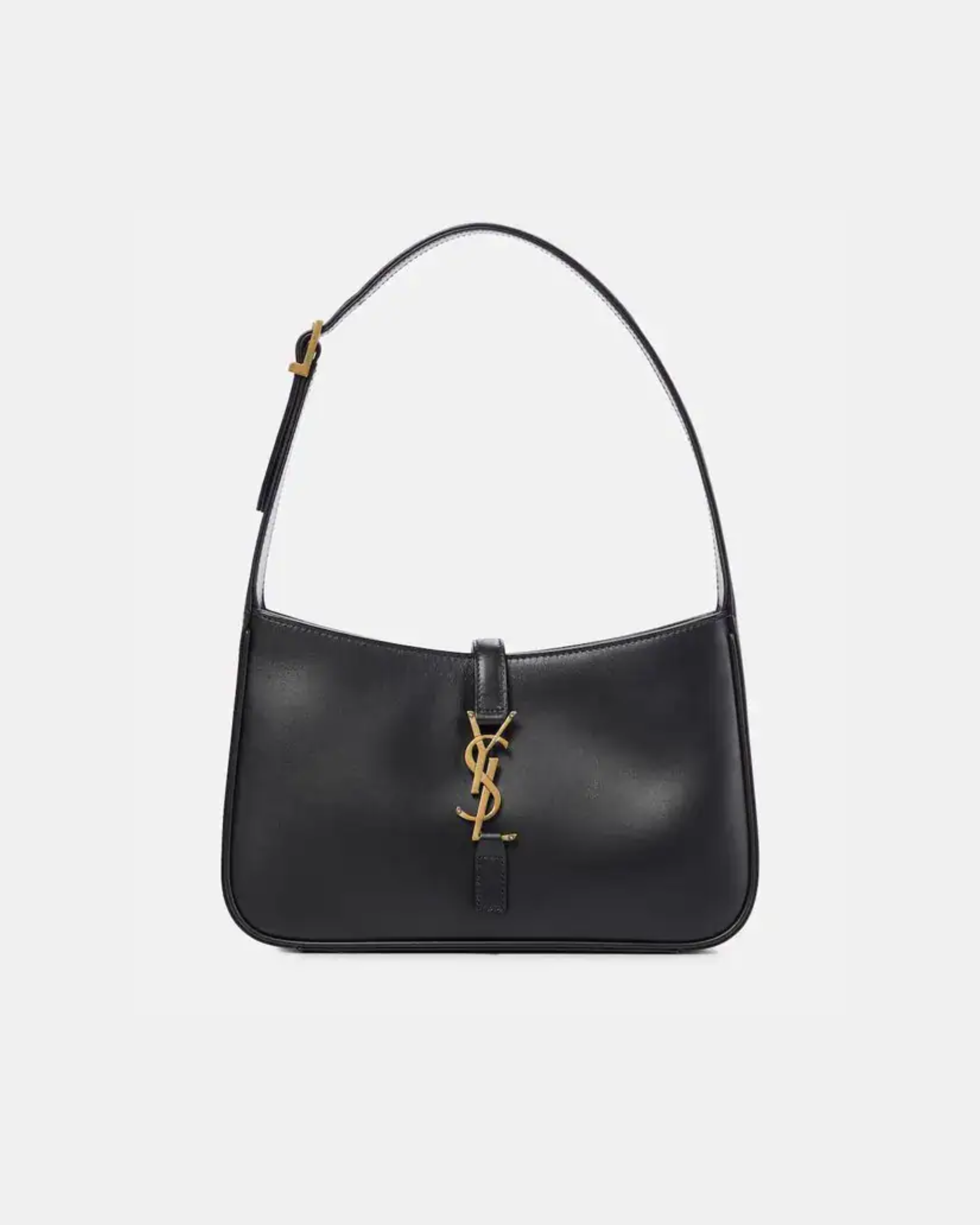 Black leather hobo bag with gold YSL monogram and single shoulder strap — Yves Saint Laurent | Endless UAE