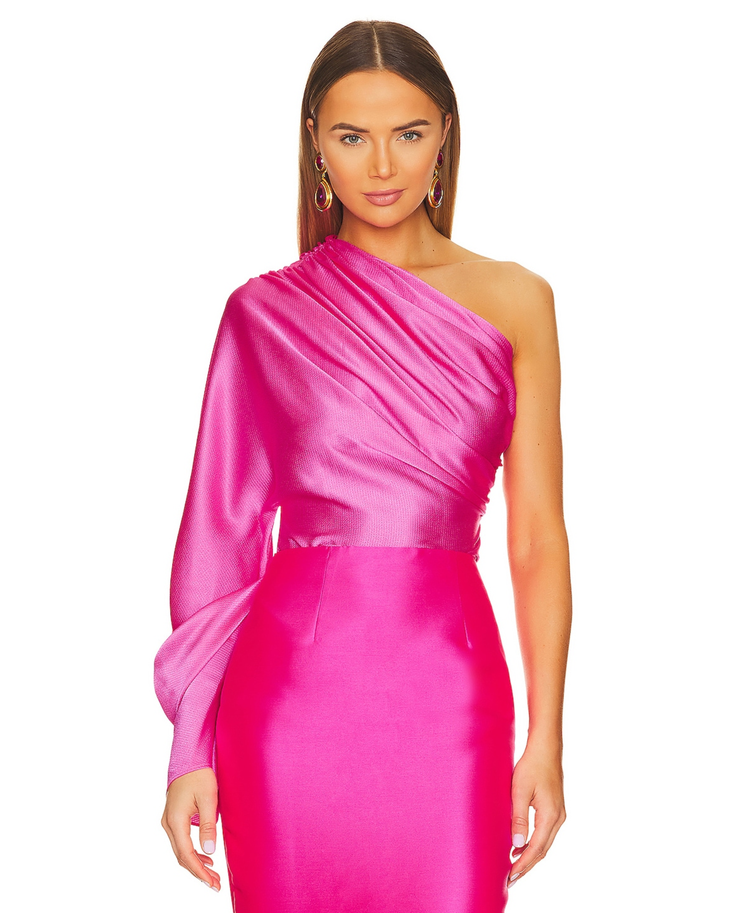 Hot pink one-shoulder draped top with textured fabric detail — Solace London | Endless UAE