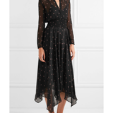 Black printed silk georgette maxi dress with long sleeves, V-neck, smocked waist and asymmetric handkerchief hem — Maje | Endless UAE