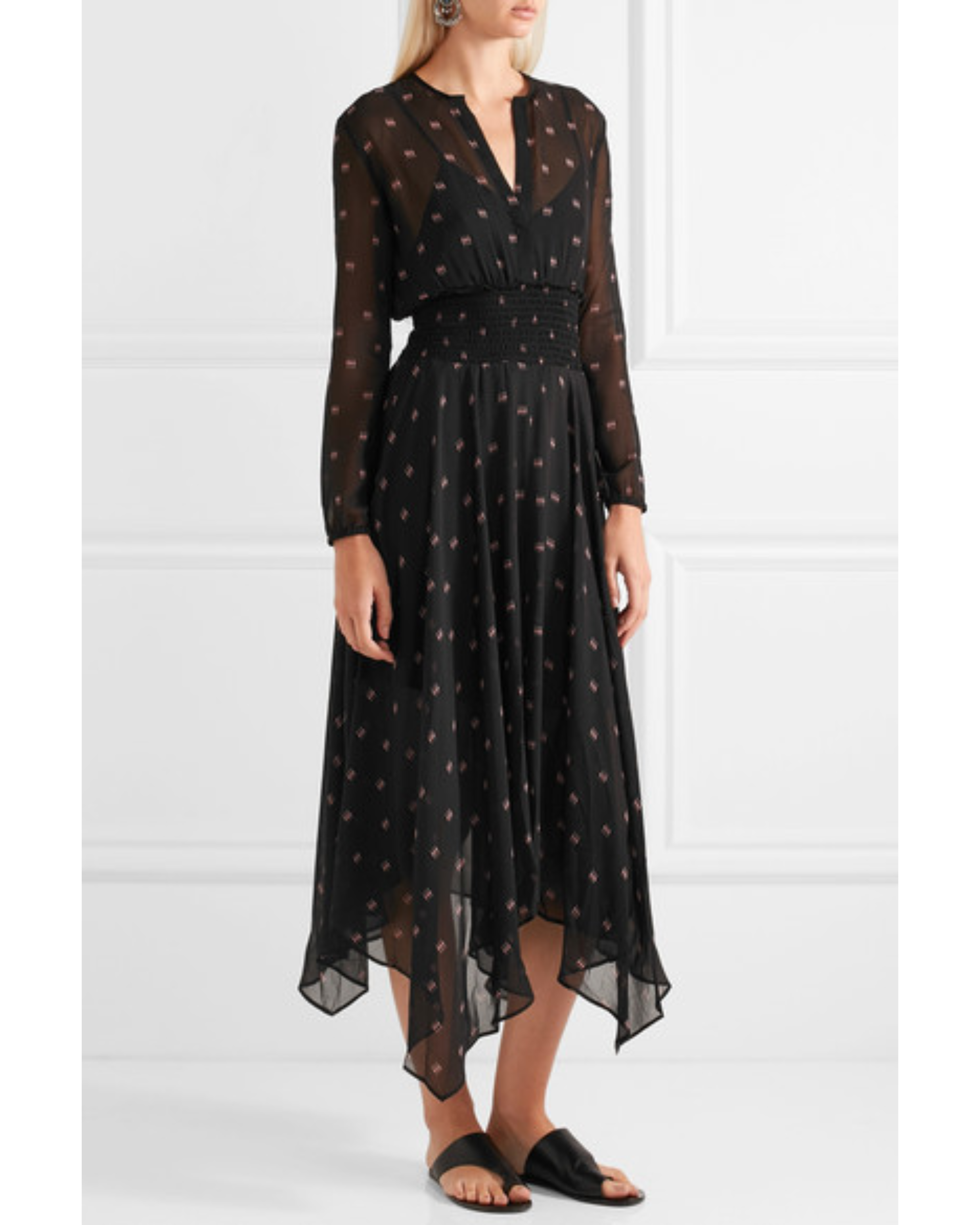 Black printed silk georgette maxi dress with long sleeves, V-neck, smocked waist and asymmetric handkerchief hem — Maje | Endless UAE
