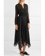 Black printed silk georgette maxi dress with long sleeves, V-neck, smocked waist and asymmetric handkerchief hem — Maje | Endless UAE