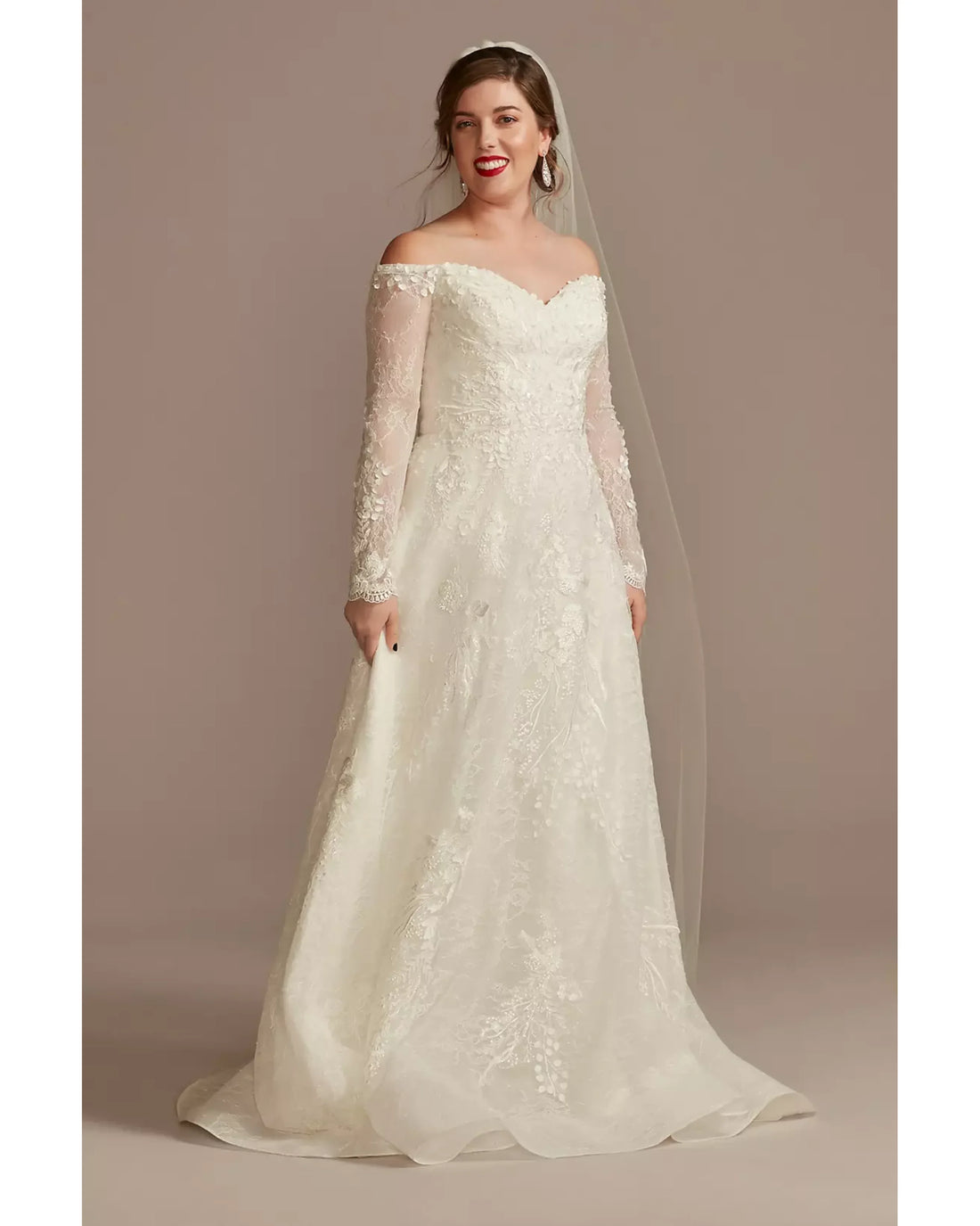 Off-the-shoulder A-line wedding dress with leafy lace appliques and sheer long sleeves — Oleg Cassini | Endless UAE