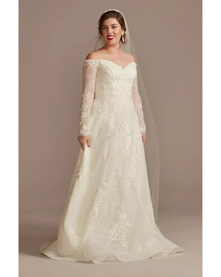 Off-the-shoulder A-line wedding dress with leafy lace appliques and sheer long sleeves — Oleg Cassini | Endless UAE