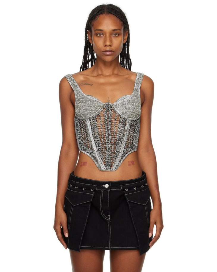 Silver crochet knit corset top with sheer mesh panels and underwire bra cups — Dion Lee | Endless UAE