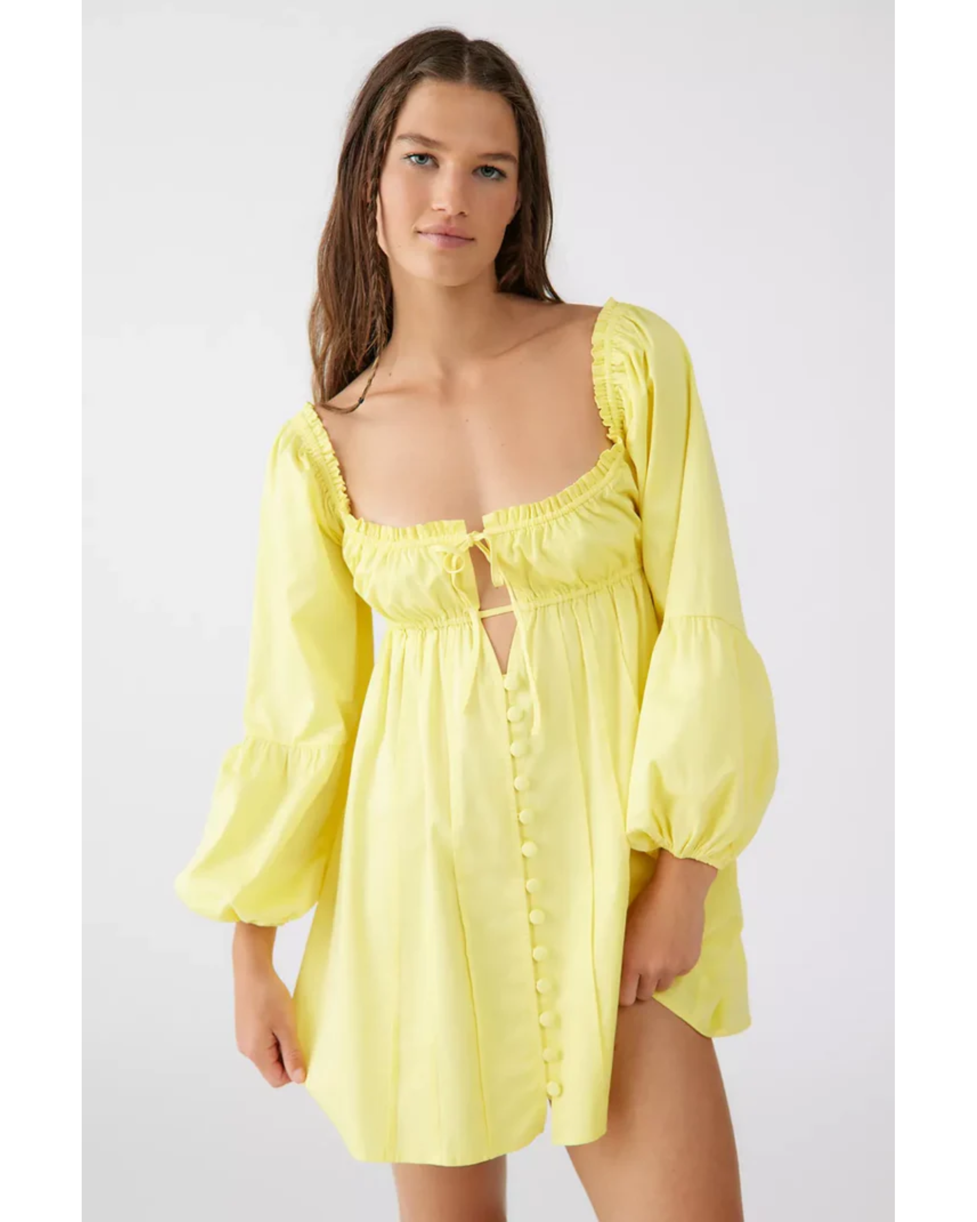Yellow puffy sleeve mini dress with ruched neckline — For Love & Lemons | Endless UAE