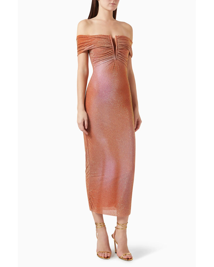 Off-shoulder rhinestone maxi dress in coral with ruched detail — Self-Portrait | Endless UAE