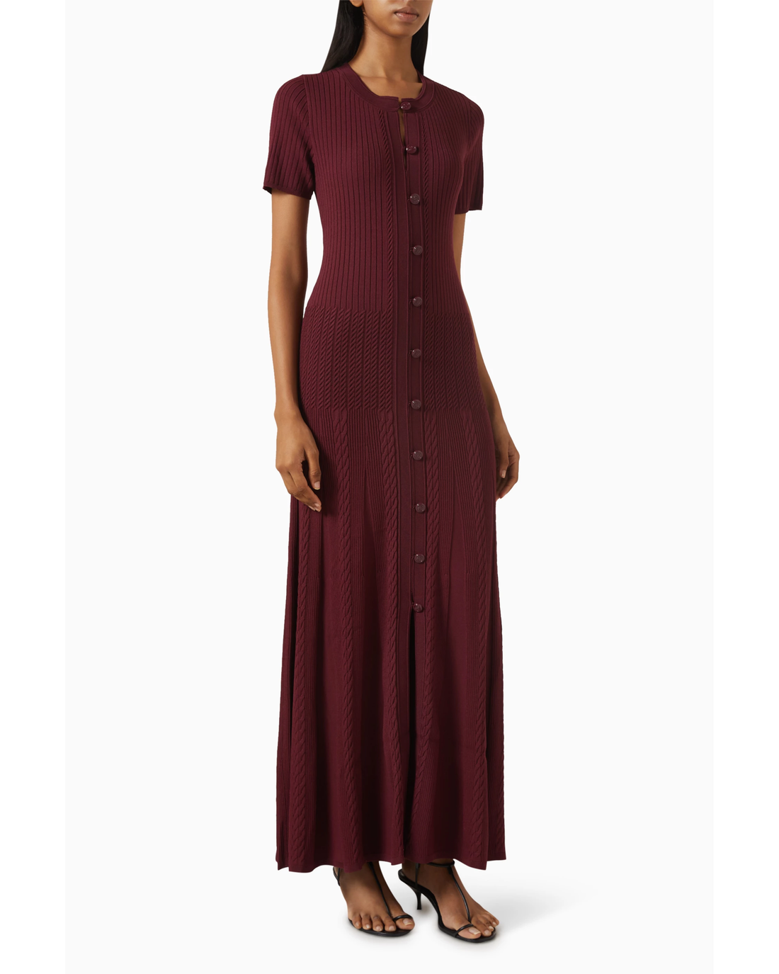 Burgundy ribbed maxi dress with short sleeves and button front closure — Sandro | Endless UAE