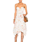 White floral print midi dress with bustier bodice, spaghetti straps, and asymmetric hem styled with gladiator sandals — Zimmermann | Endless UAE