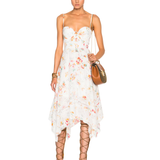 White floral print midi dress with bustier bodice, spaghetti straps, and asymmetric hem styled with gladiator sandals — Zimmermann | Endless UAE