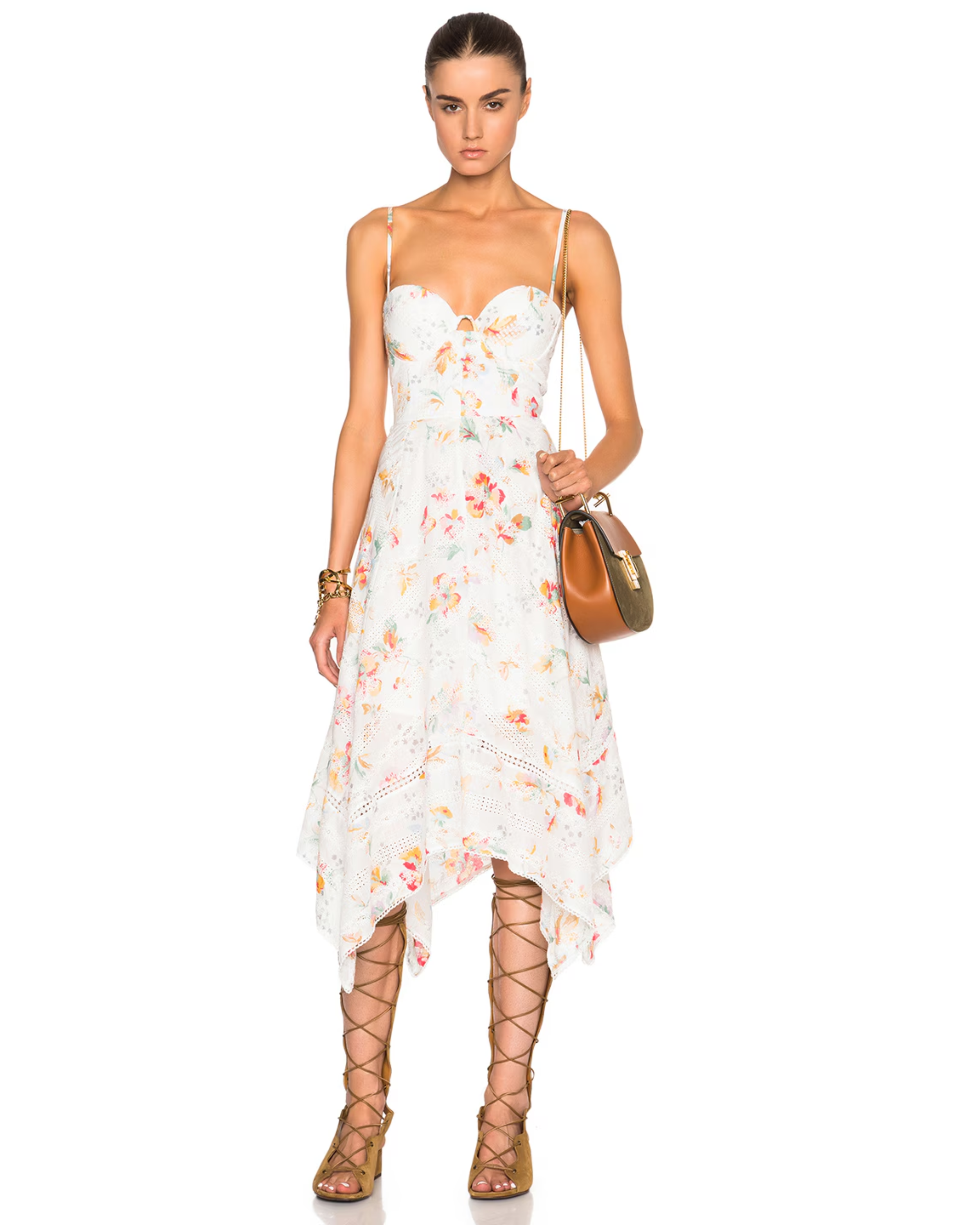 White floral print midi dress with bustier bodice, spaghetti straps, and asymmetric hem styled with gladiator sandals — Zimmermann | Endless UAE