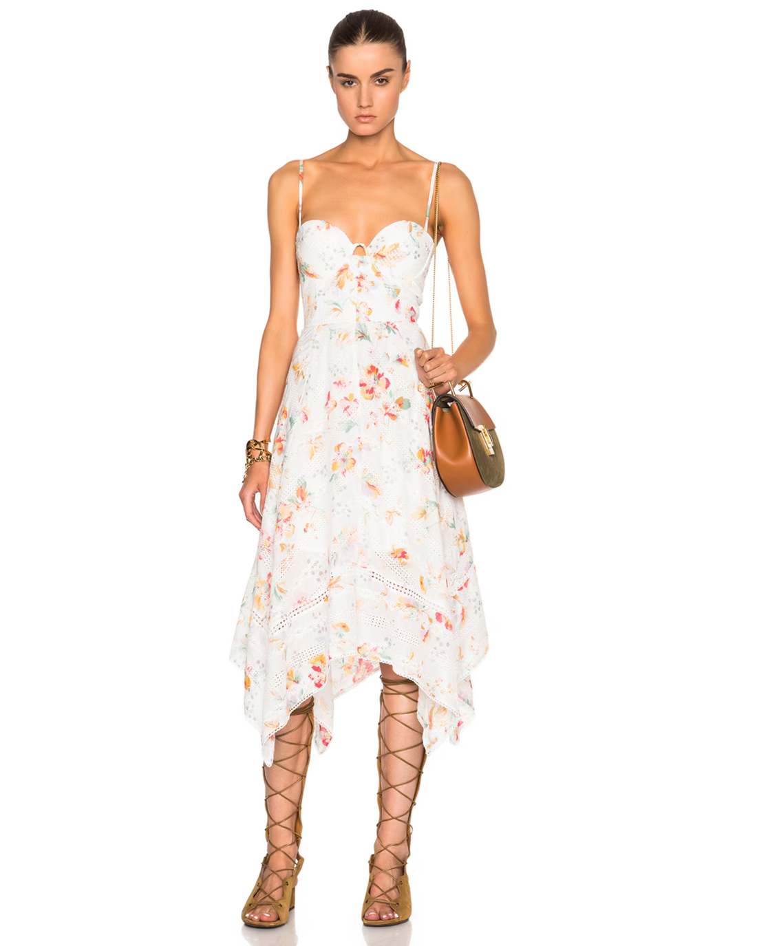 White floral print midi dress with bustier bodice, spaghetti straps, and asymmetric hem styled with gladiator sandals — Zimmermann | Endless UAE