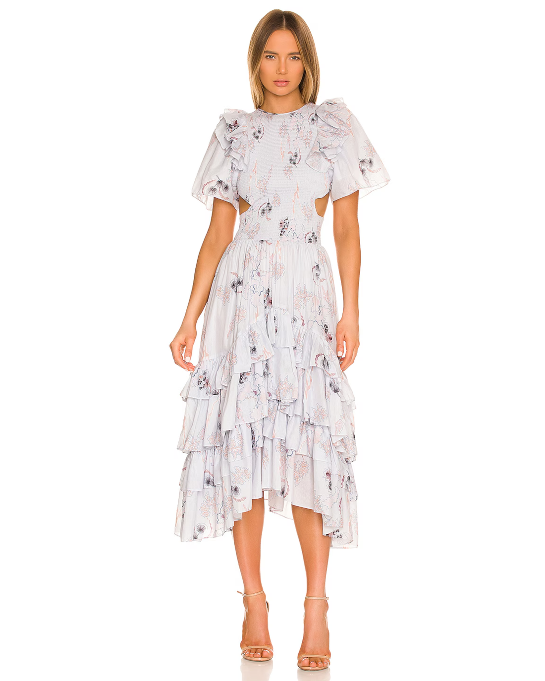 Light purple floral print midi dress with ruffle sleeves and tiered asymmetric hem on model — Magali Pascal | Endless UAE