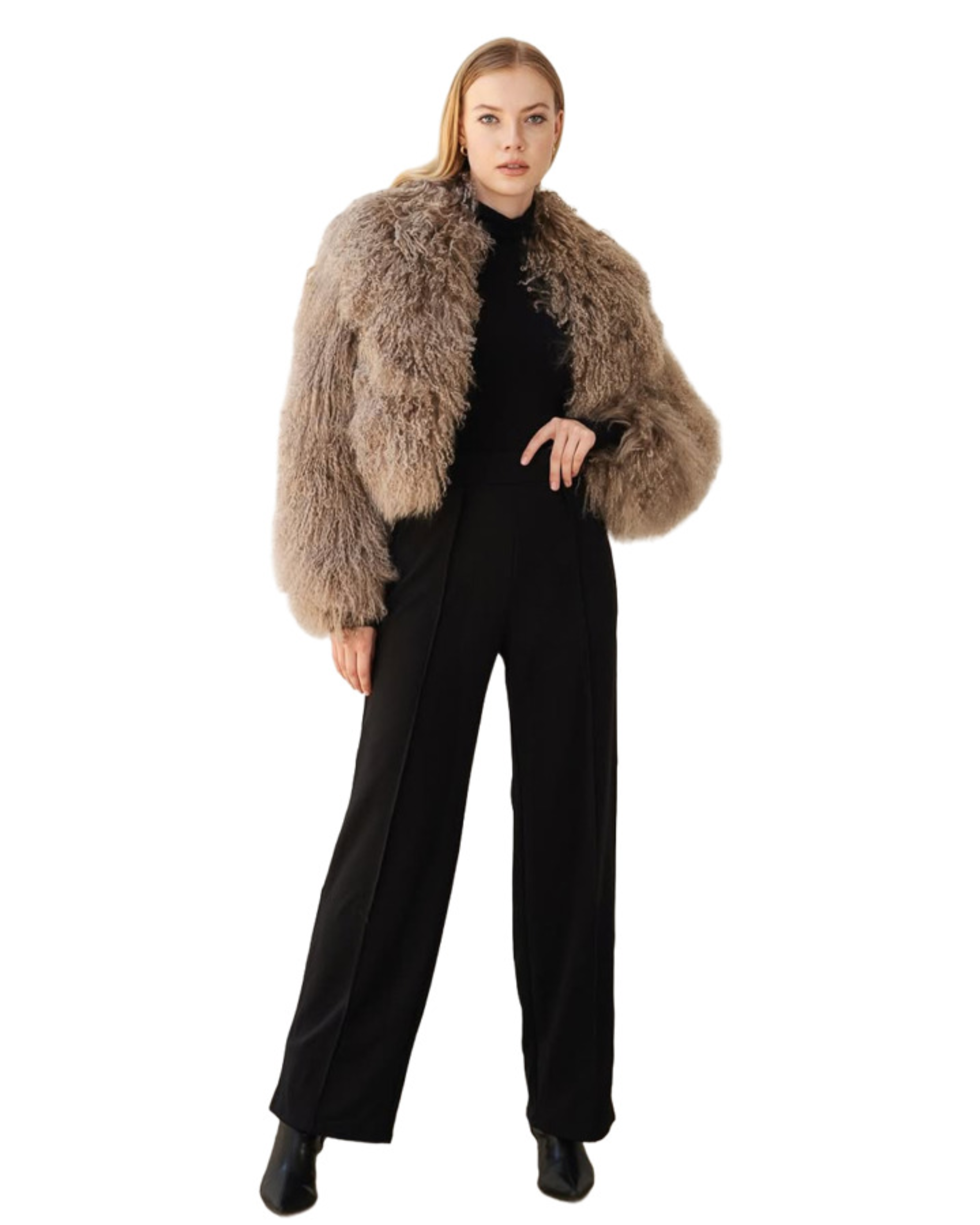 Woman wearing mocha fuzzy cropped jacket over black turtleneck and wide-leg trousers — Madame Magdalena | Endless UAE